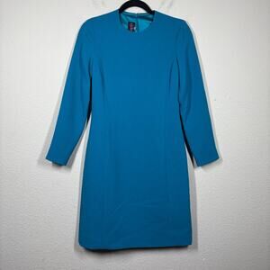 Tom And Linda Platt Size 4 Sheath Knee Length Dress Blue Crew Neck Long Sleeves